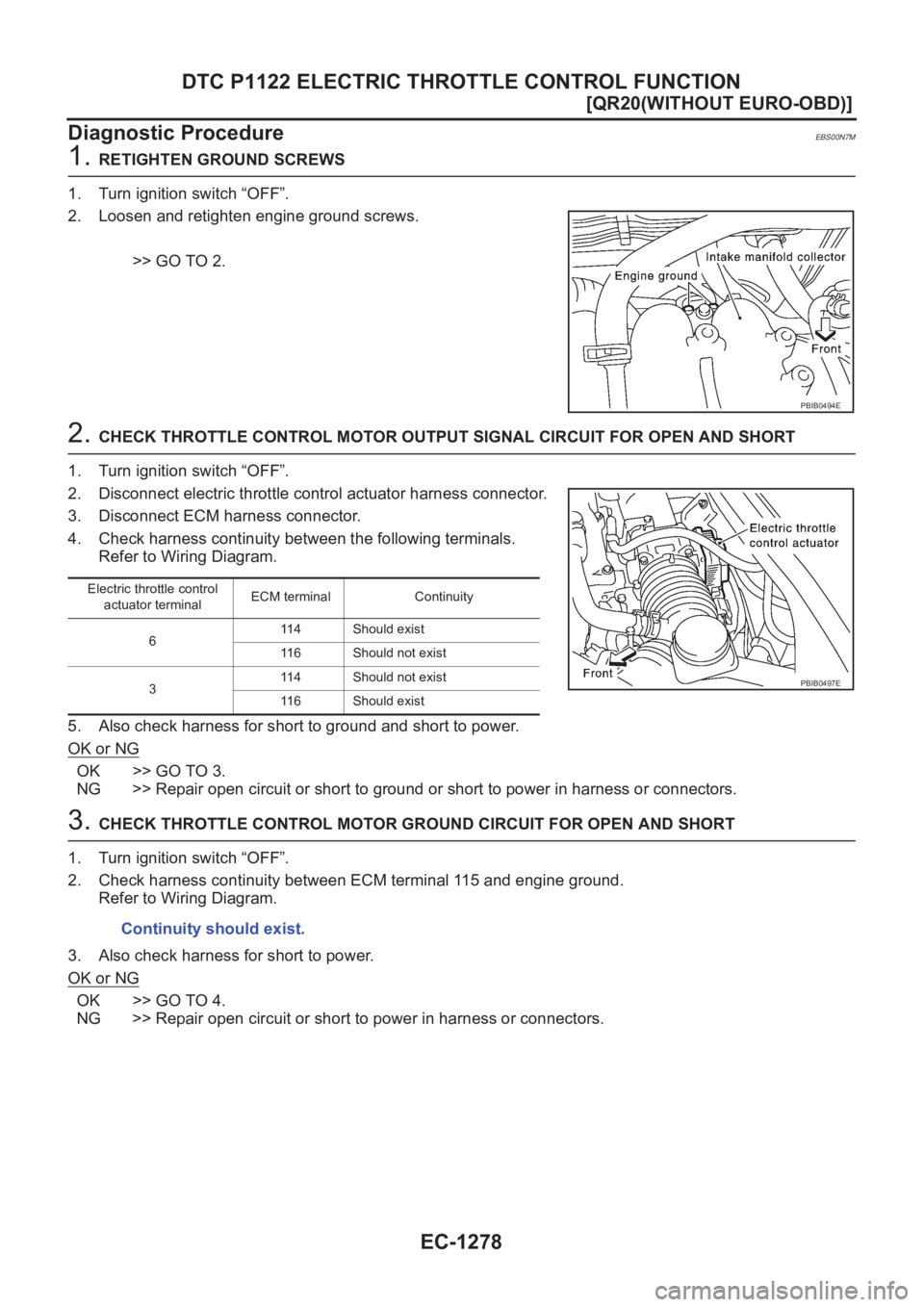 NISSAN X-TRAIL 2001  Service Repair Manual EC-1278
[QR20(WITHOUT EURO-OBD)]
DTC P1122 ELECTRIC THROTTLE CONTROL FUNCTION
Diagnostic Procedure
EBS00N7M
1. RETIGHTEN GROUND SCREWS
1. Turn ignition switch “OFF”.
2. Loosen and retighten engine
