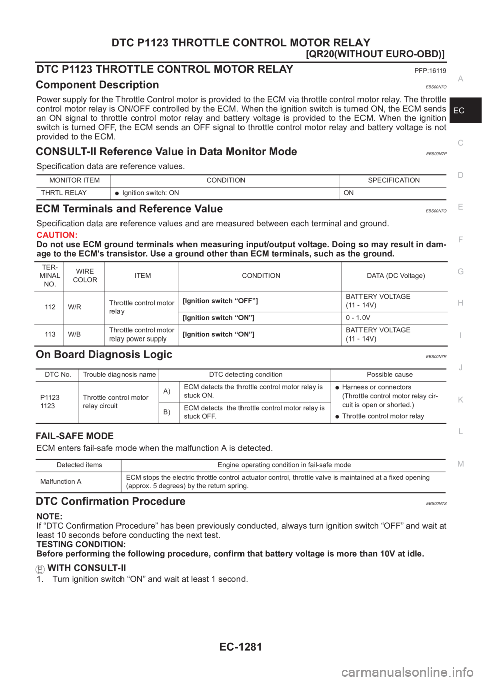 NISSAN X-TRAIL 2001  Service Repair Manual DTC P1123 THROTTLE CONTROL MOTOR RELAY
EC-1281
[QR20(WITHOUT EURO-OBD)]
C
D
E
F
G
H
I
J
K
L
MA
EC
DTC P1123 THROTTLE CONTROL MOTOR RELAYPFP:16119
Component DescriptionEBS00N7O
Power supply for the Thr