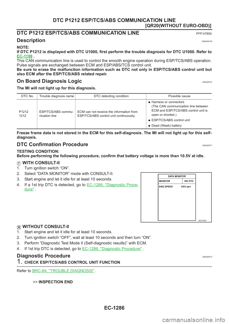 NISSAN X-TRAIL 2001  Service Repair Manual EC-1286
[QR20(WITHOUT EURO-OBD)]
DTC P1212 ESP/TCS/ABS COMMUNICATION LINE
DTC P1212 ESP/TCS/ABS COMMUNICATION LINE
PFP:47850
DescriptionEBS00N7W
NOTE:
If DTC P1212 is displayed with DTC U1000, first p