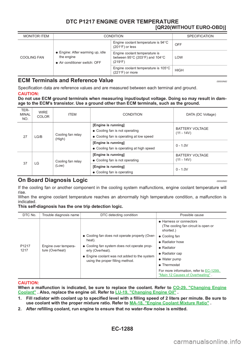 NISSAN X-TRAIL 2001  Service Repair Manual EC-1288
[QR20(WITHOUT EURO-OBD)]
DTC P1217 ENGINE OVER TEMPERATURE
ECM Terminals and Reference Value
EBS00N82
Specification data are reference values and are measured between each terminal and ground.