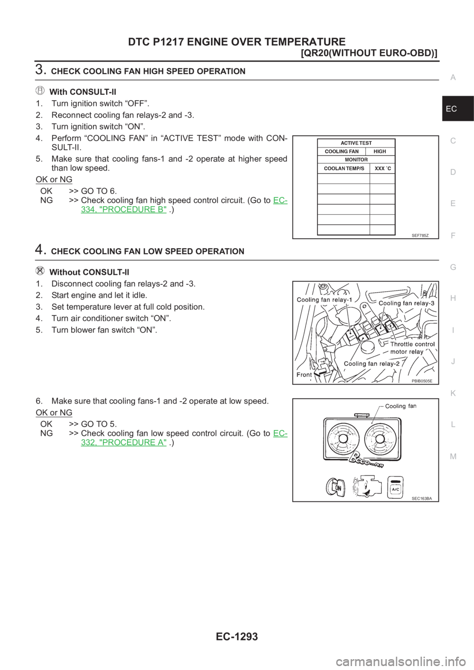 NISSAN X-TRAIL 2001  Service Repair Manual DTC P1217 ENGINE OVER TEMPERATURE
EC-1293
[QR20(WITHOUT EURO-OBD)]
C
D
E
F
G
H
I
J
K
L
MA
EC
3.CHECK COOLING FAN HIGH SPEED OPERATION
With CONSULT-II
1. Turn ignition switch “OFF”.
2. Reconnect co