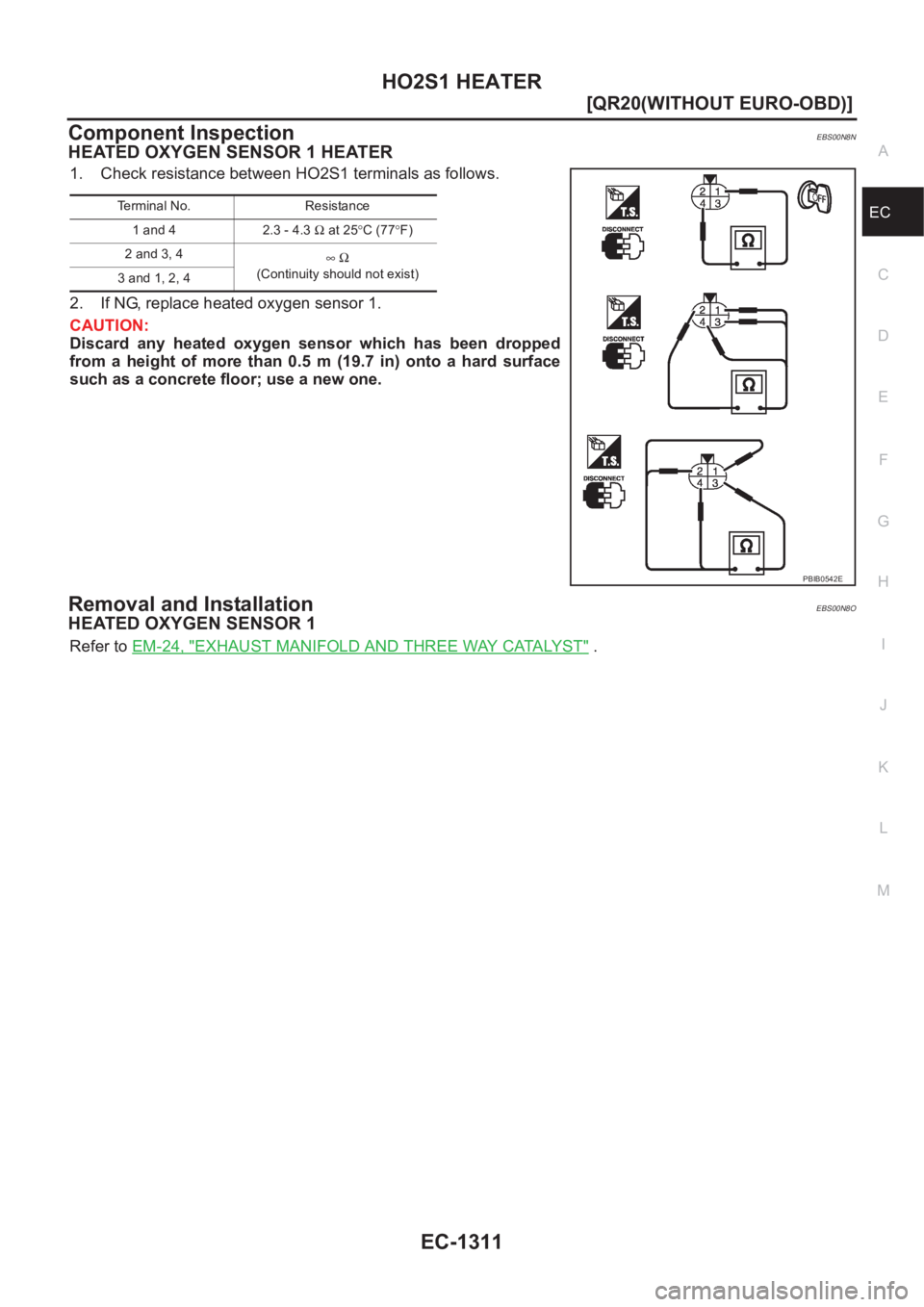 NISSAN X-TRAIL 2001  Service Repair Manual HO2S1 HEATER
EC-1311
[QR20(WITHOUT EURO-OBD)]
C
D
E
F
G
H
I
J
K
L
MA
EC
Component InspectionEBS00N8N
HEATED OXYGEN SENSOR 1 HEATER
1. Check resistance between HO2S1 terminals as follows.
2. If NG, rep