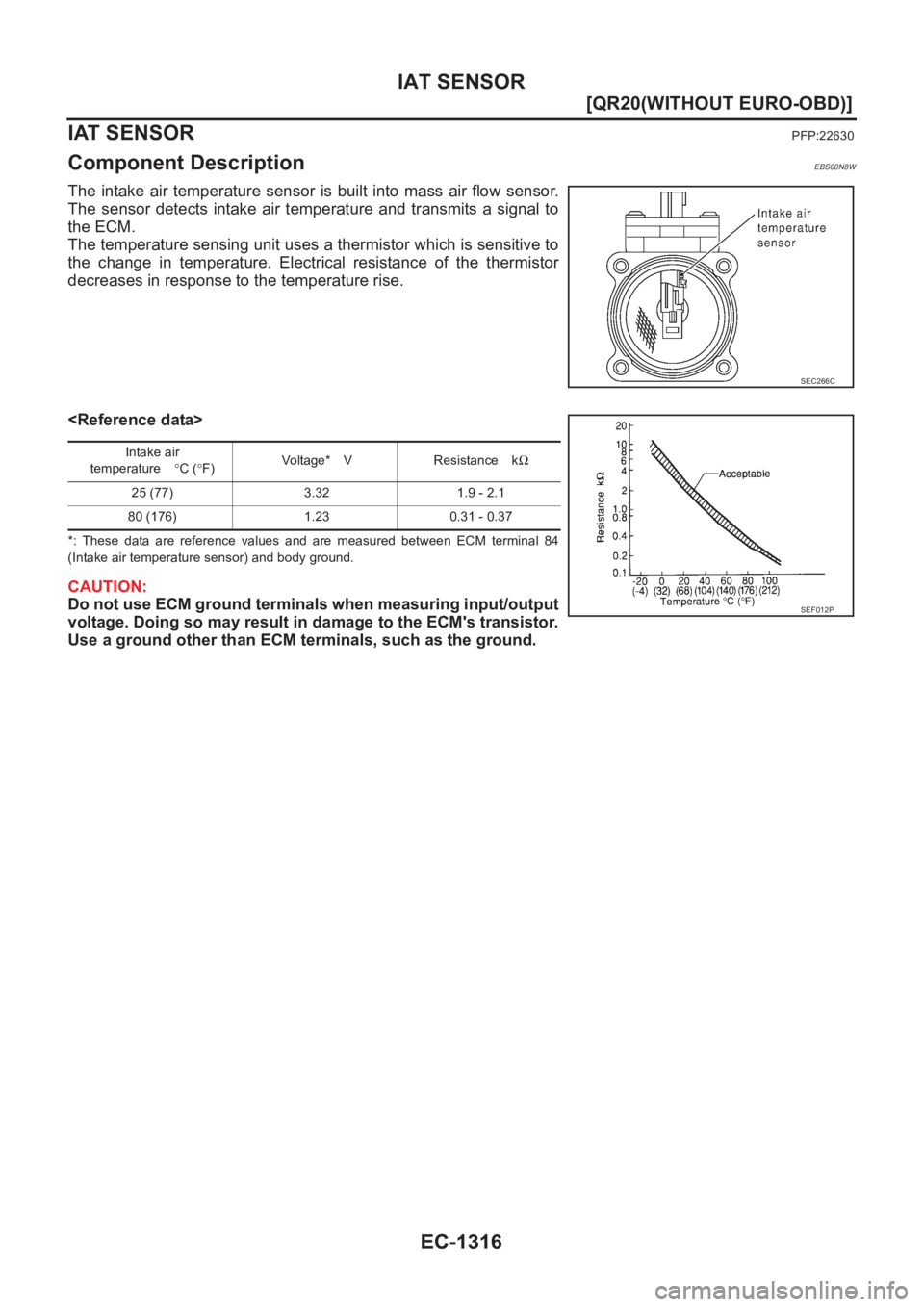 NISSAN X-TRAIL 2001  Service Repair Manual EC-1316
[QR20(WITHOUT EURO-OBD)]
IAT SENSOR
IAT SENSOR
PFP:22630
Component DescriptionEBS00N8W
The intake air temperature sensor is built into mass air flow sensor.
The  sensor  detects  intake  air  