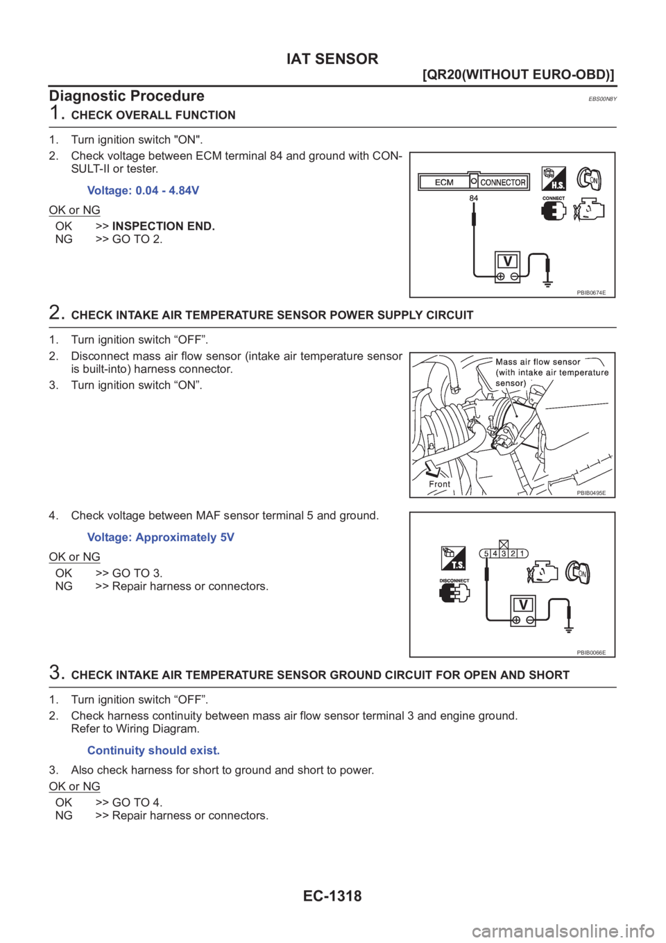 NISSAN X-TRAIL 2001  Service Repair Manual EC-1318
[QR20(WITHOUT EURO-OBD)]
IAT SENSOR
Diagnostic Procedure
EBS00N8Y
1. CHECK OVERALL FUNCTION
1. Turn ignition switch "ON".
2. Check voltage between ECM terminal 84 and ground with CON-
