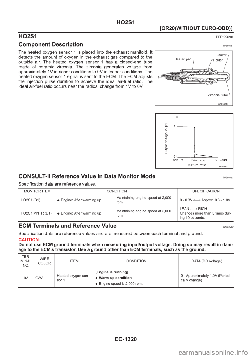 NISSAN X-TRAIL 2001  Service Repair Manual EC-1320
[QR20(WITHOUT EURO-OBD)]
HO2S1
HO2S1
PFP:22690
Component DescriptionEBS00N91
The  heated  oxygen  sensor  1  is  placed  into  the  exhaust  manifold. It
detects  the  amount  of  oxygen  in  