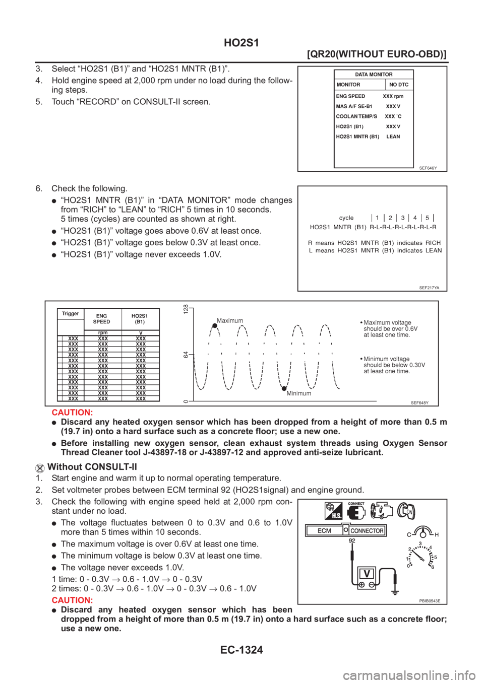 NISSAN X-TRAIL 2001  Service Repair Manual EC-1324
[QR20(WITHOUT EURO-OBD)]
HO2S1
3. Select “HO2S1 (B1)” and “HO2S1 MNTR (B1)”.
4. Hold engine speed at 2,000 rpm under no load during the follow-
ing steps.
5. Touch “RECORD” on CONS