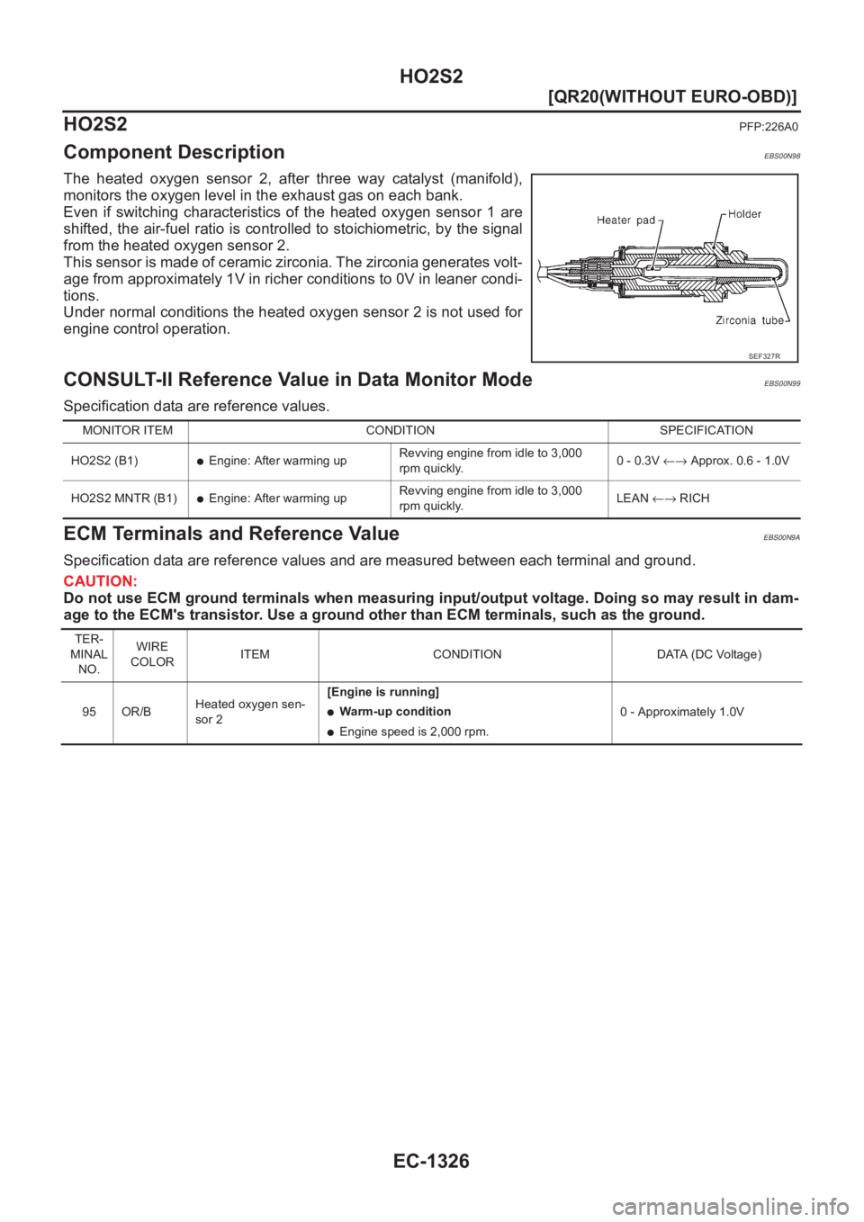 NISSAN X-TRAIL 2001  Service Repair Manual EC-1326
[QR20(WITHOUT EURO-OBD)]
HO2S2
HO2S2
PFP:226A0
Component DescriptionEBS00N98
The  heated  oxygen  sensor  2,  after  three  way  catalyst  (manifold),
monitors the oxygen level in the exhaust 