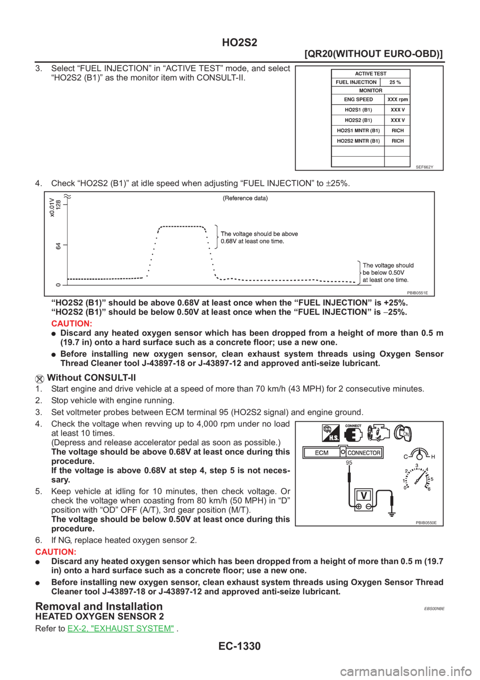 NISSAN X-TRAIL 2001  Service Repair Manual EC-1330
[QR20(WITHOUT EURO-OBD)]
HO2S2
3. Select “FUEL INJECTION” in “ACTIVE TEST” mode, and select
“HO2S2 (B1)” as the monitor item with CONSULT-II.
4. Check “HO2S2 (B1)” at idle spee