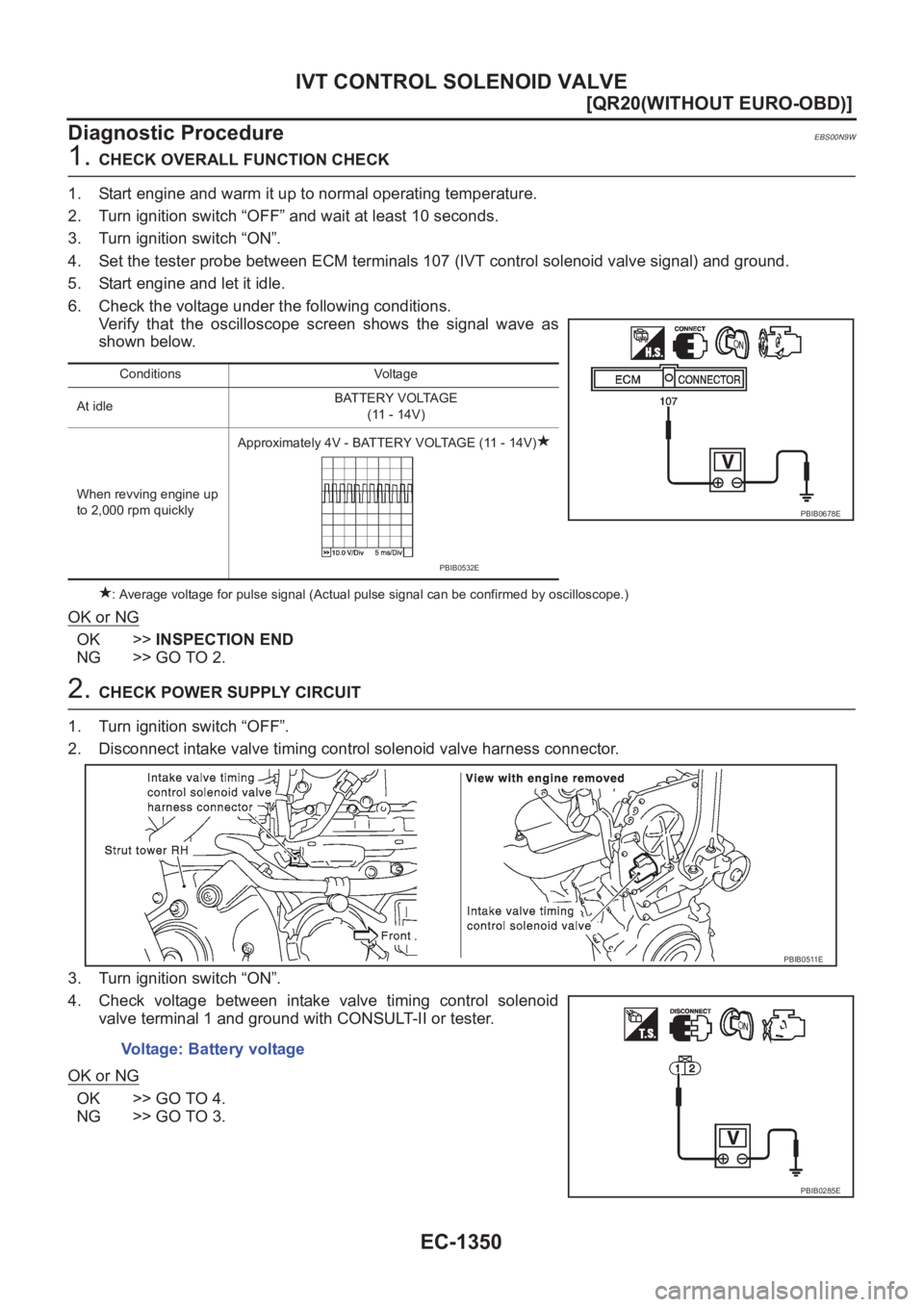 NISSAN X-TRAIL 2001  Service Repair Manual EC-1350
[QR20(WITHOUT EURO-OBD)]
IVT CONTROL SOLENOID VALVE
Diagnostic Procedure
EBS00N9W
1. CHECK OVERALL FUNCTION CHECK
1. Start engine and warm it up to normal operating temperature.
2. Turn igniti