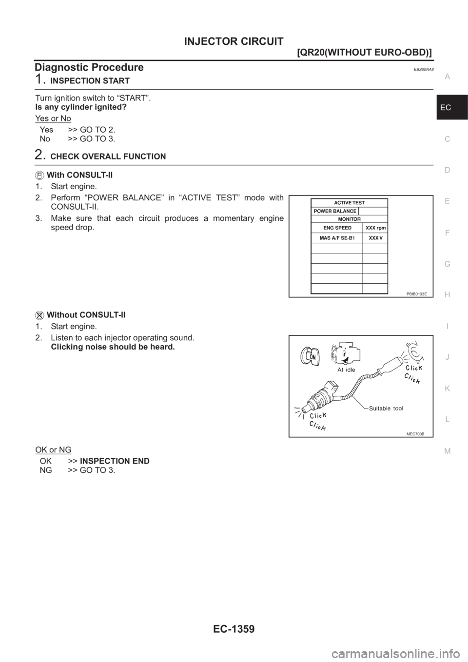 NISSAN X-TRAIL 2001  Service Repair Manual INJECTOR CIRCUIT
EC-1359
[QR20(WITHOUT EURO-OBD)]
C
D
E
F
G
H
I
J
K
L
MA
EC
Diagnostic ProcedureEBS00NA8
1.INSPECTION START
Turn ignition switch to “START”.
Is any cylinder ignited?
Ye s   o r   N