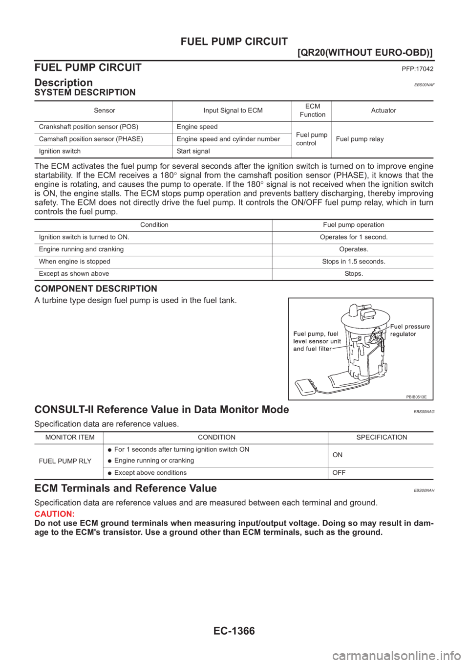 NISSAN X-TRAIL 2001  Service Repair Manual EC-1366
[QR20(WITHOUT EURO-OBD)]
FUEL PUMP CIRCUIT
FUEL PUMP CIRCUIT
PFP:17042
DescriptionEBS00NAF
SYSTEM DESCRIPTION
The ECM activates the fuel pump for several seconds after the ignition switch is t