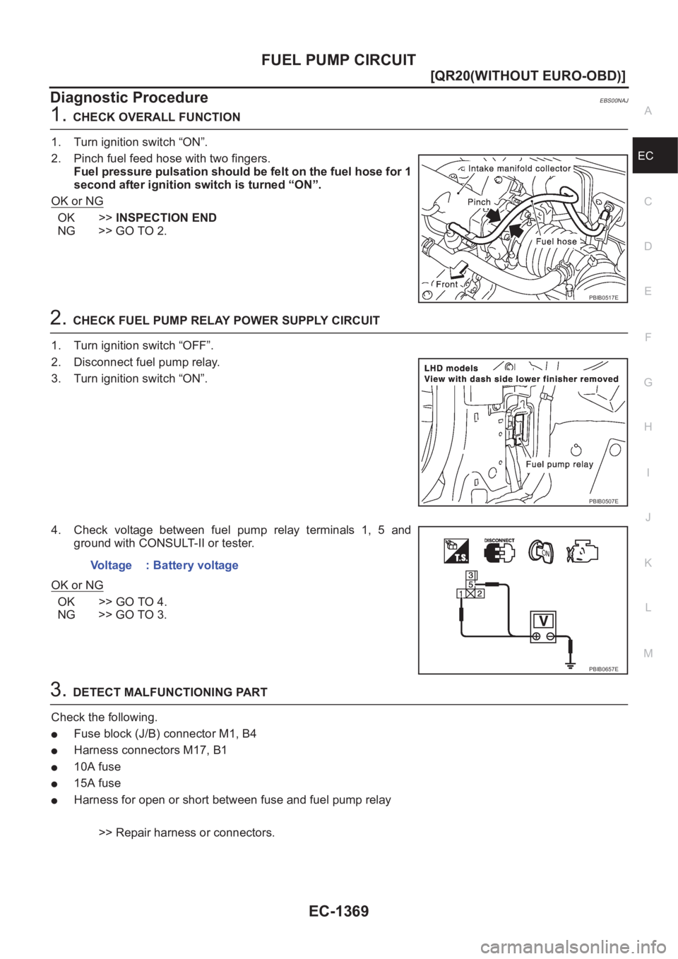 NISSAN X-TRAIL 2001  Service Repair Manual FUEL PUMP CIRCUIT
EC-1369
[QR20(WITHOUT EURO-OBD)]
C
D
E
F
G
H
I
J
K
L
MA
EC
Diagnostic ProcedureEBS00NAJ
1.CHECK OVERALL FUNCTION
1. Turn ignition switch “ON”.
2. Pinch fuel feed hose with two fi