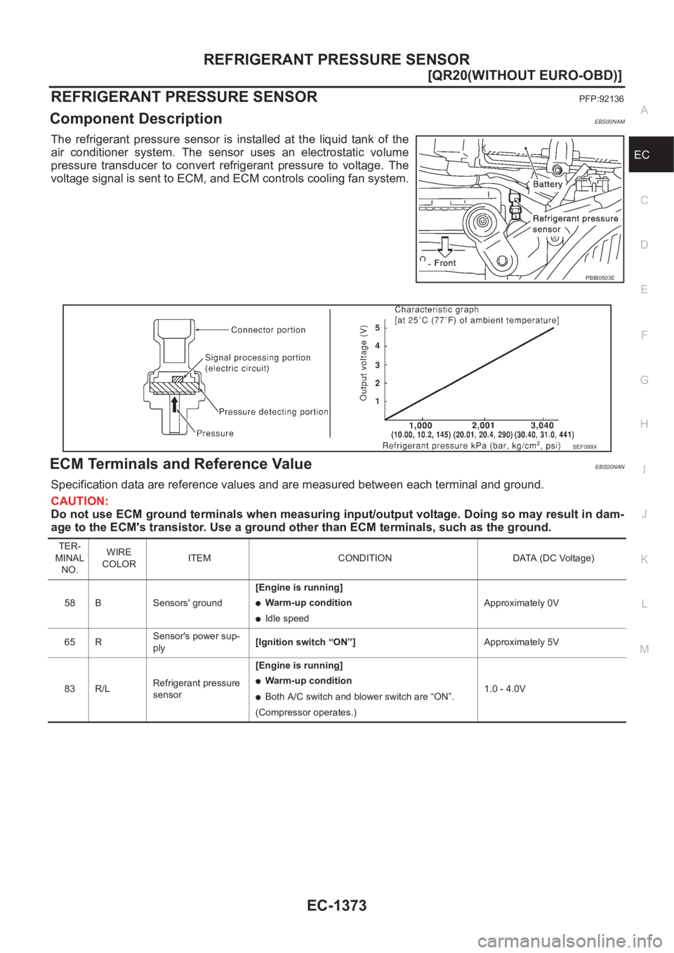 NISSAN X-TRAIL 2001  Service Repair Manual REFRIGERANT PRESSURE SENSOR
EC-1373
[QR20(WITHOUT EURO-OBD)]
C
D
E
F
G
H
I
J
K
L
MA
EC
REFRIGERANT PRESSURE SENSORPFP:92136
Component DescriptionEBS00NAM
The  refrigerant  pressure  sensor  is  instal