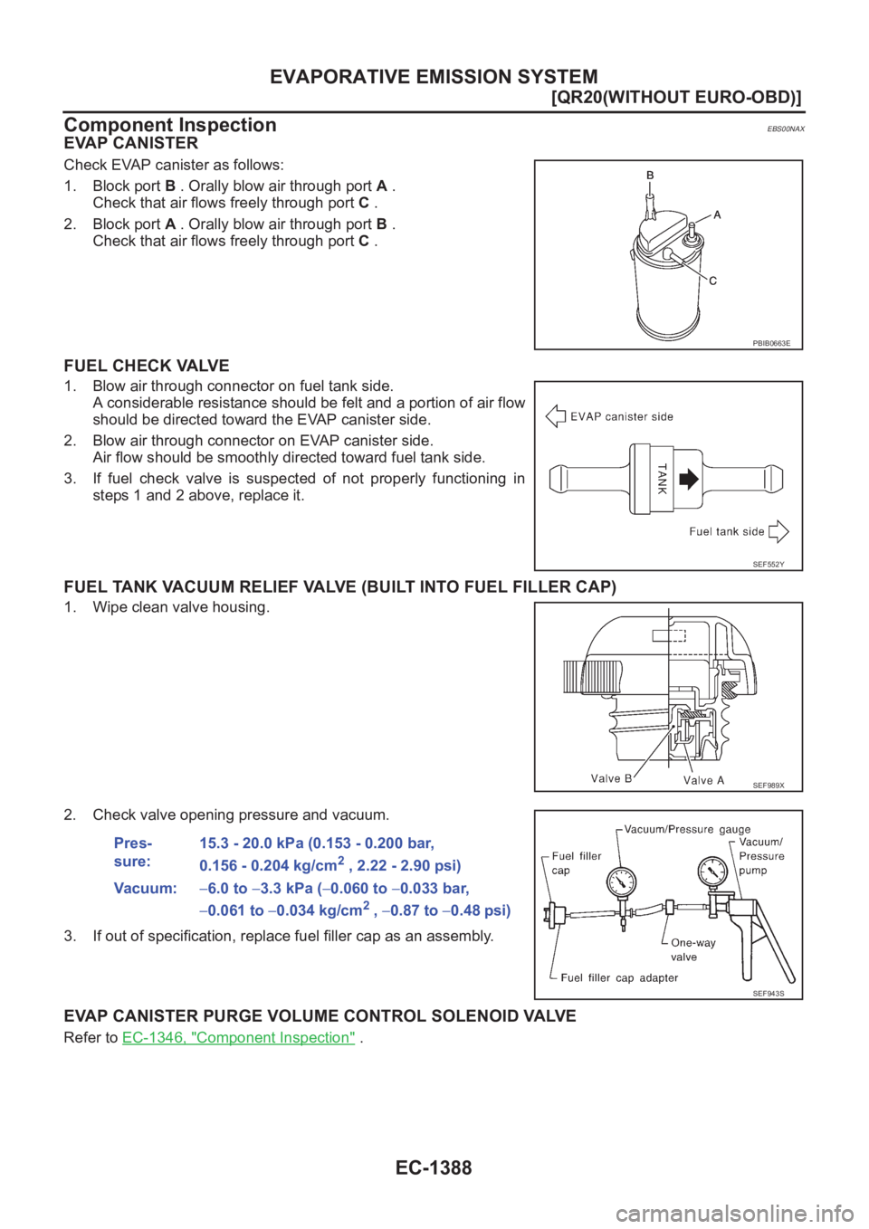 NISSAN X-TRAIL 2001  Service Repair Manual EC-1388
[QR20(WITHOUT EURO-OBD)]
EVAPORATIVE EMISSION SYSTEM
Component Inspection
EBS00NAX
EVAP CANISTER
Check EVAP canister as follows:
1. Block port B . Orally blow air through port A .
Check that a