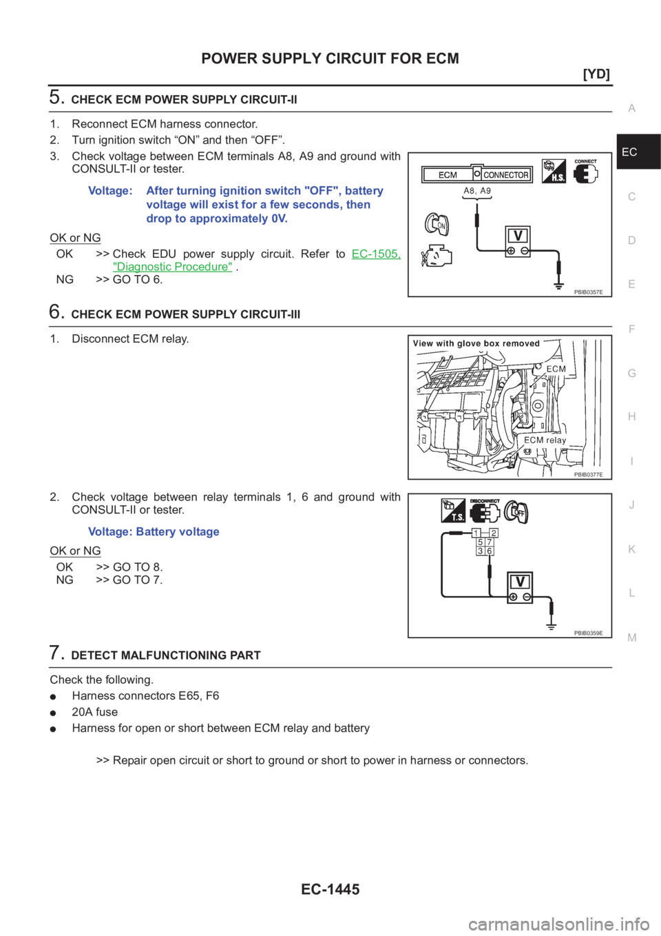 NISSAN X-TRAIL 2001  Service Repair Manual POWER SUPPLY CIRCUIT FOR ECM
EC-1445
[YD]
C
D
E
F
G
H
I
J
K
L
MA
EC
5.CHECK ECM POWER SUPPLY CIRCUIT-II
1. Reconnect ECM harness connector.
2. Turn ignition switch “ON” and then “OFF”.
3. Chec