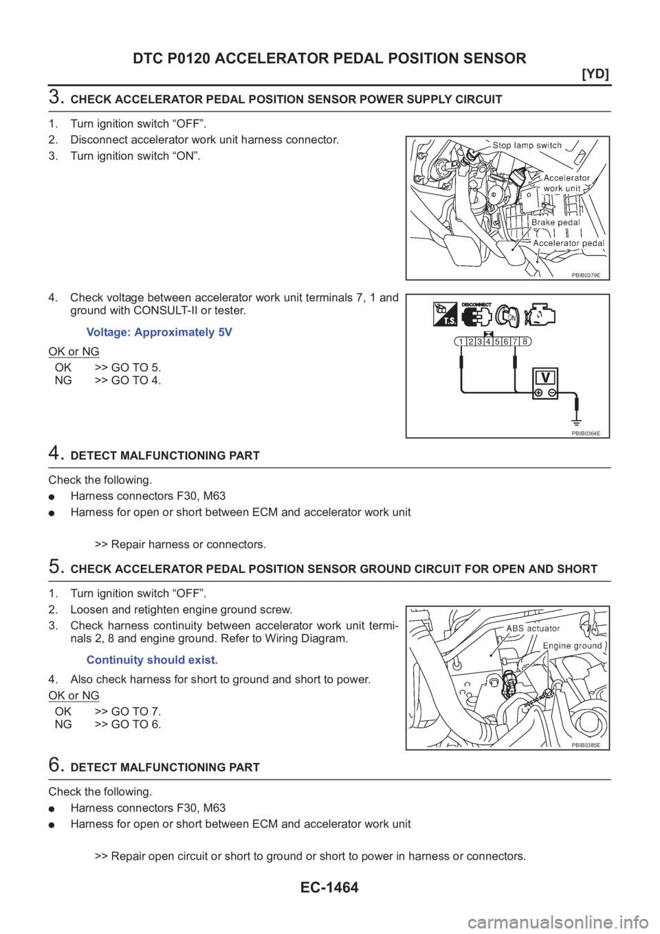 NISSAN X-TRAIL 2001  Service Repair Manual EC-1464
[YD]
DTC P0120 ACCELERATOR PEDAL POSITION SENSOR
3. CHECK ACCELERATOR PEDAL POSITION SENSOR POWER SUPPLY CIRCUIT
1. Turn ignition switch “OFF”.
2. Disconnect accelerator work unit harness 