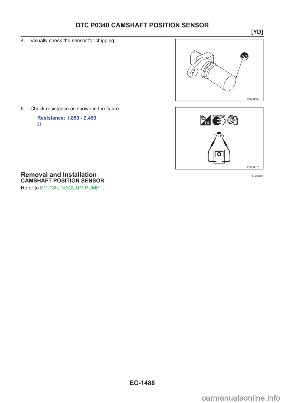 NISSAN X-TRAIL 2001  Service Repair Manual EC-1488
[YD]
DTC P0340 CAMSHAFT POSITION SENSOR
4. Visually check the sensor for chipping.
5. Check resistance as shown in the figure.
Removal and InstallationEBS008YV
CAMSHAFT POSITION SENSOR
Refer t