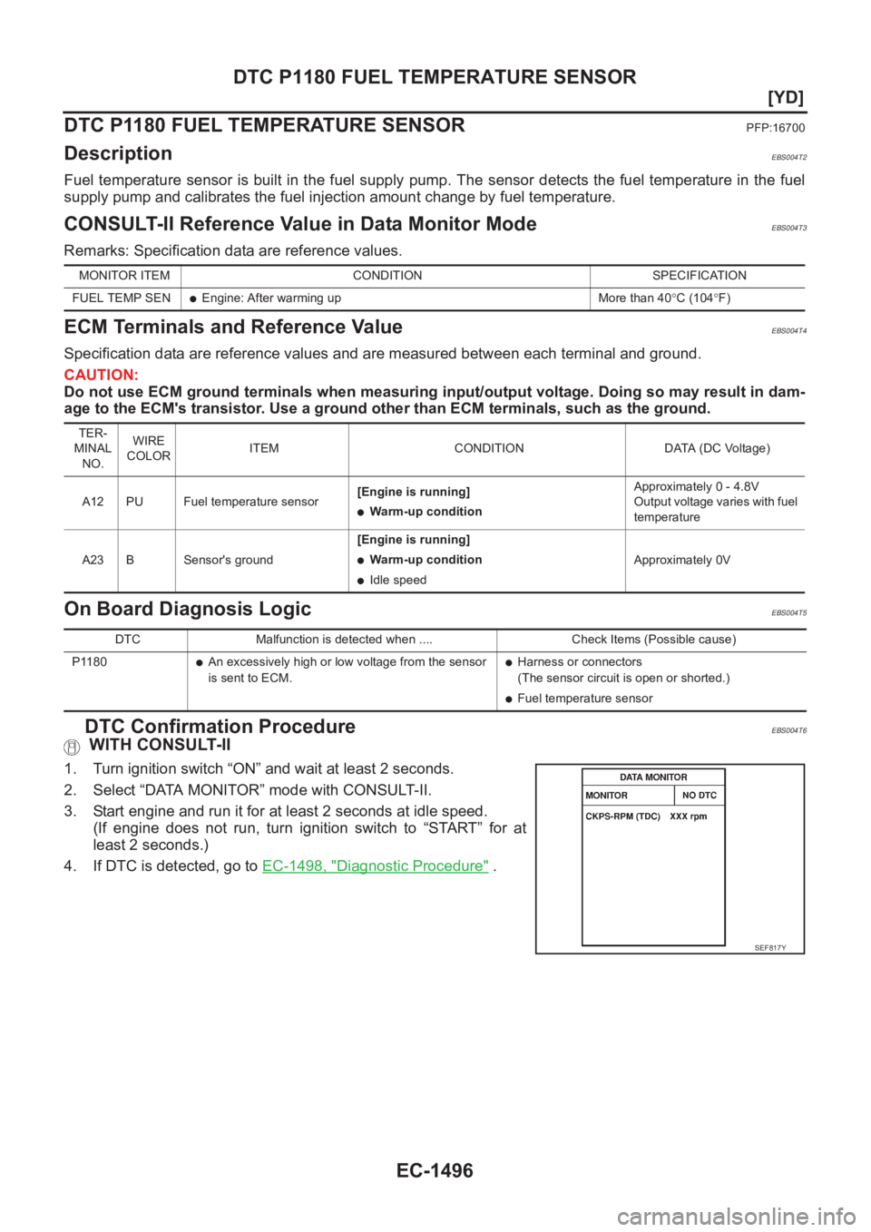NISSAN X-TRAIL 2001  Service Repair Manual EC-1496
[YD]
DTC P1180 FUEL TEMPERATURE SENSOR
DTC P1180 FUEL TEMPERATURE SENSOR
PFP:16700
DescriptionEBS004T2
Fuel temperature sensor is built in the fuel supply pump. The sensor detects  the  fuel t