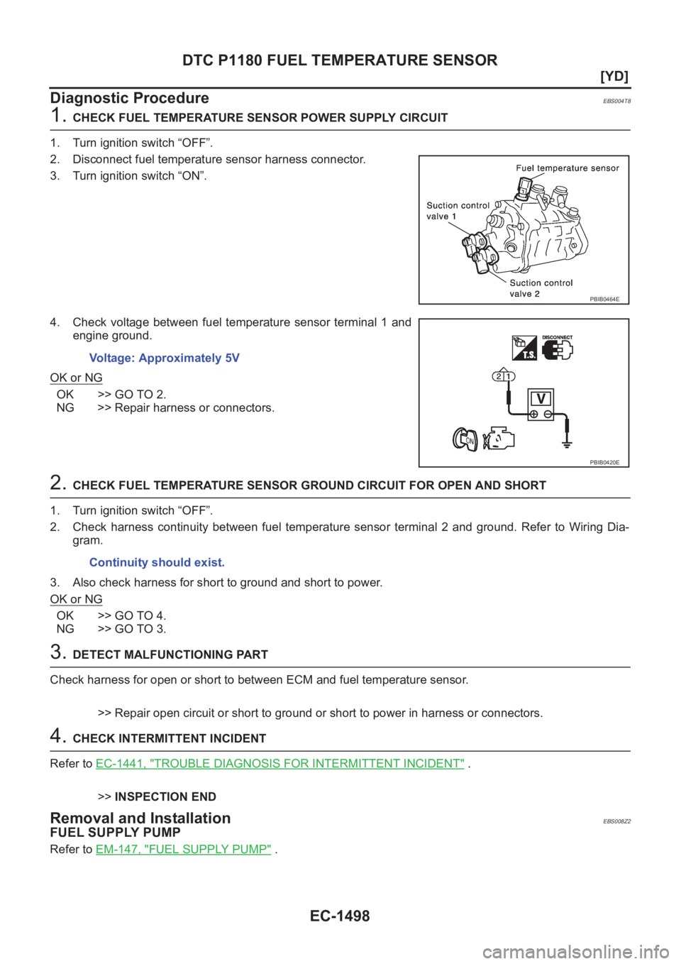 NISSAN X-TRAIL 2001  Service Repair Manual EC-1498
[YD]
DTC P1180 FUEL TEMPERATURE SENSOR
Diagnostic Procedure
EBS004T8
1. CHECK FUEL TEMPERATURE SENSOR POWER SUPPLY CIRCUIT 
1. Turn ignition switch “OFF”.
2. Disconnect fuel temperature se