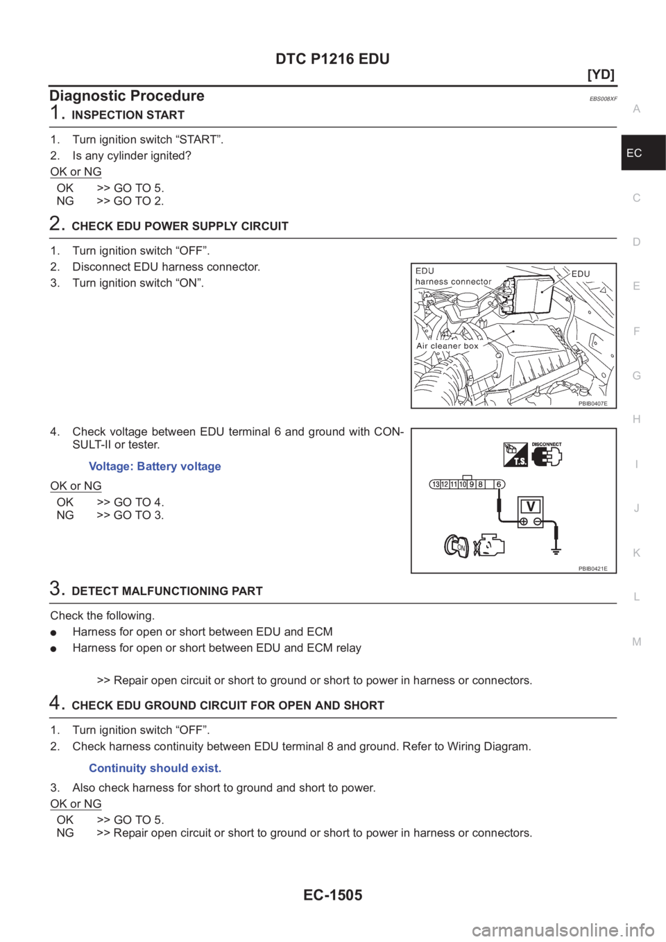 NISSAN X-TRAIL 2001  Service Repair Manual DTC P1216 EDU
EC-1505
[YD]
C
D
E
F
G
H
I
J
K
L
MA
EC
Diagnostic ProcedureEBS008XF
1.INSPECTION START
1. Turn ignition switch “START”.
2. Is any cylinder ignited?
OK or NG
OK >> GO TO 5.
NG >> GO T