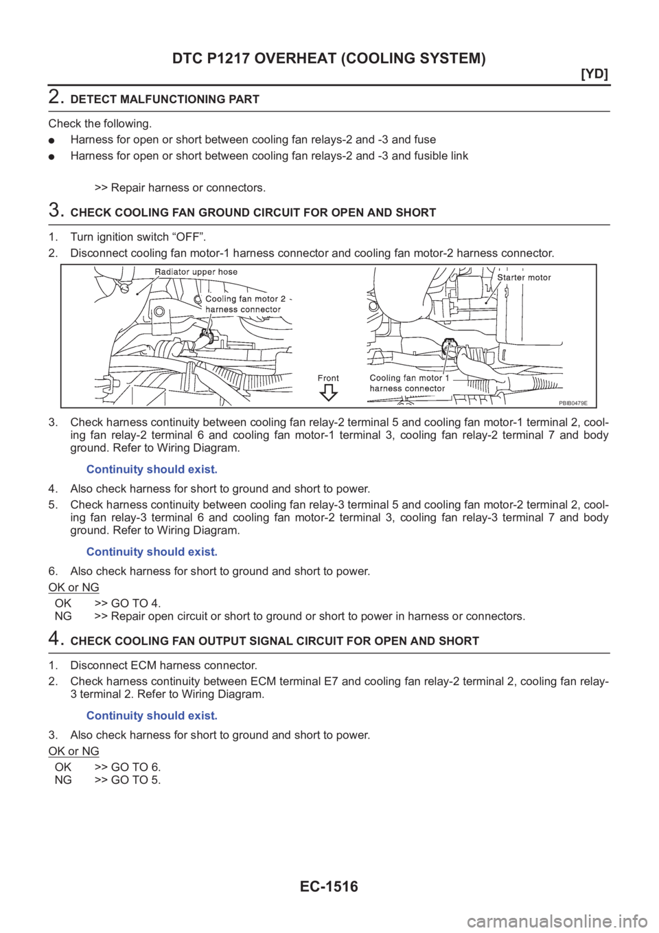 NISSAN X-TRAIL 2001  Service Repair Manual EC-1516
[YD]
DTC P1217 OVERHEAT (COOLING SYSTEM)
2. DETECT MALFUNCTIONING PART
Check the following.
●Harness for open or short between cooling fan relays-2 and -3 and fuse
●Harness for open or sho