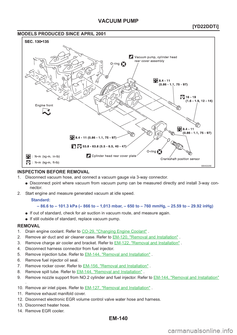 NISSAN X-TRAIL 2001  Service Repair Manual EM-140
[YD22DDTi]
VACUUM PUMP
MODELS PRODUCED SINCE APRIL 2001
INSPECTION BEFORE REMOVAL
1. Disconnect vacuum hose, and connect a vacuum gauge via 3-way connector. 
●Disconnect point where vacuum fr