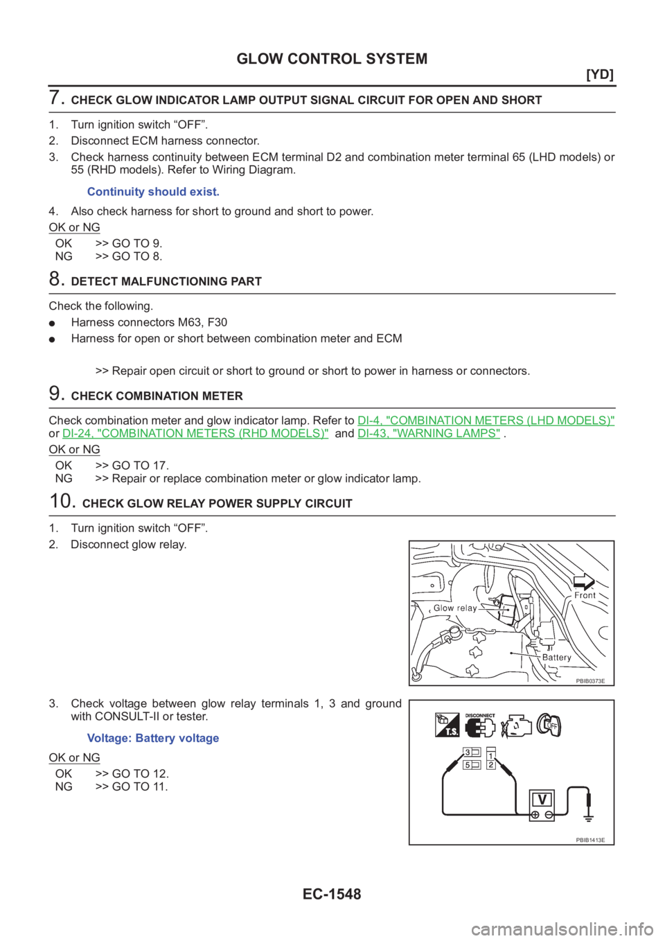 NISSAN X-TRAIL 2001  Service Repair Manual EC-1548
[YD]
GLOW CONTROL SYSTEM
7. CHECK GLOW INDICATOR LAMP OUTPUT SIGNAL CIRCUIT FOR OPEN AND SHORT
1. Turn ignition switch “OFF”.
2. Disconnect ECM harness connector.
3. Check harness continui