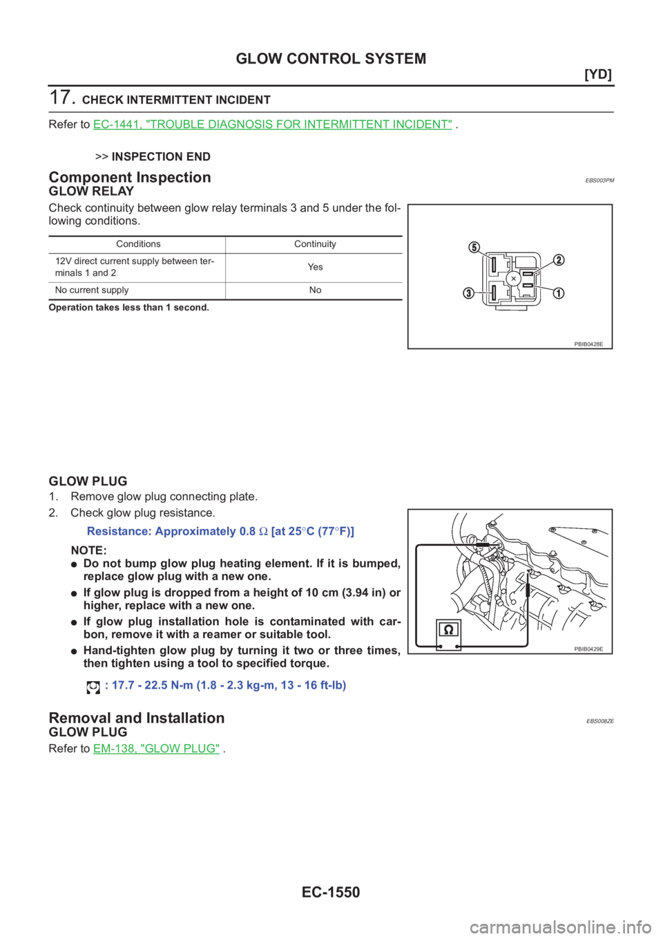 NISSAN X-TRAIL 2001  Service Repair Manual EC-1550
[YD]
GLOW CONTROL SYSTEM
17. CHECK INTERMITTENT INCIDENT
Refer to EC-1441, "
TROUBLE DIAGNOSIS FOR INTERMITTENT INCIDENT" .
>>INSPECTION END
Component InspectionEBS003PM
GLOW RELAY
Che