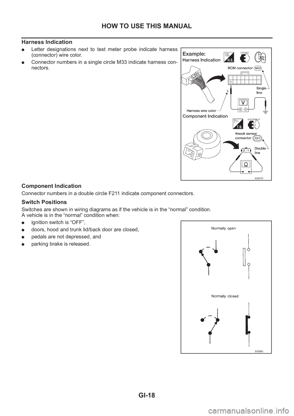 NISSAN X-TRAIL 2001 Service User Guide GI-18
HOW TO USE THIS MANUAL
Harness Indication
●Letter designations next to test meter probe indicate harness
(connector) wire color.
●Connector numbers in a single circle M33 indicate h NISSAN X-TRAIL 2001 Service User Guide GI-18
HOW TO USE THIS MANUAL
Harness Indication
●Letter designations next to test meter probe indicate harness
(connector) wire color.
●Connector numbers in a single circle M33 indicate h