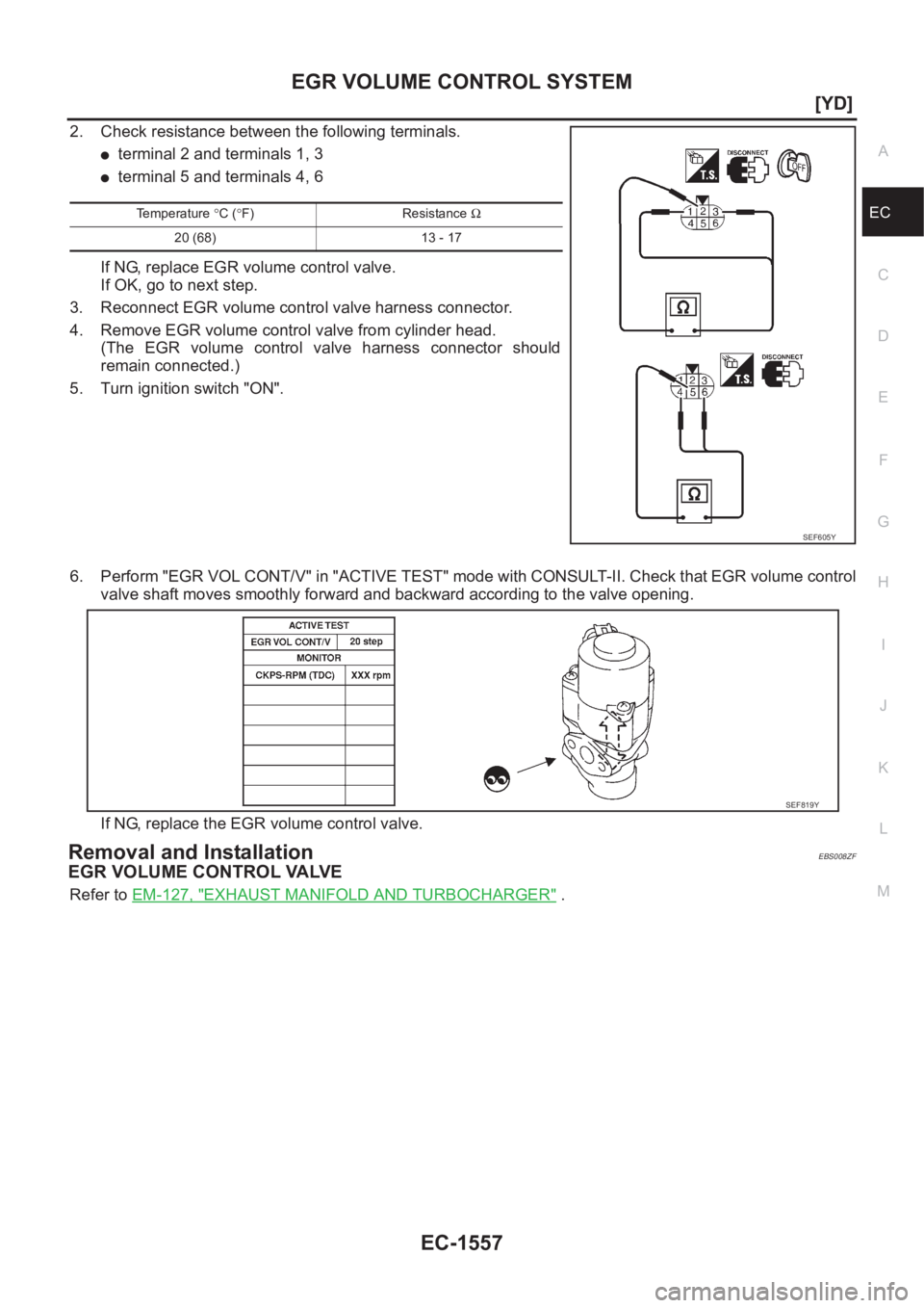 NISSAN X-TRAIL 2001  Service Repair Manual EGR VOLUME CONTROL SYSTEM
EC-1557
[YD]
C
D
E
F
G
H
I
J
K
L
MA
EC
2. Check resistance between the following terminals. 
●terminal 2 and terminals 1, 3
●terminal 5 and terminals 4, 6
If NG, replace 
