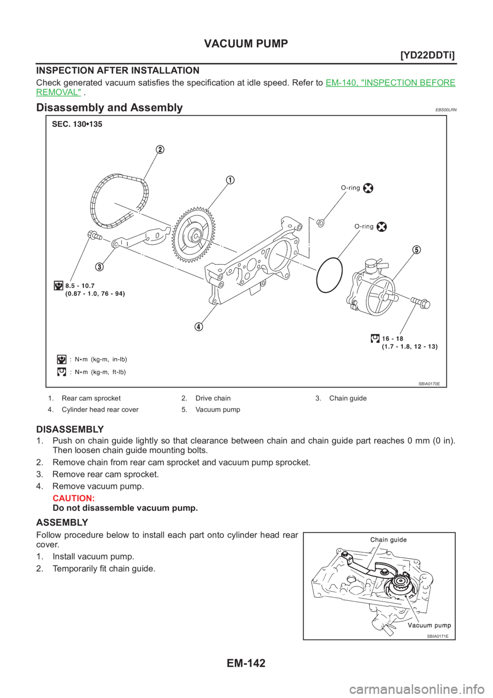NISSAN X-TRAIL 2001  Service Repair Manual EM-142
[YD22DDTi]
VACUUM PUMP
INSPECTION AFTER INSTALLATION
Check generated vacuum satisfies the specification at idle speed. Refer to EM-140, "INSPECTION BEFORE
REMOVAL" .
Disassembly and Ass