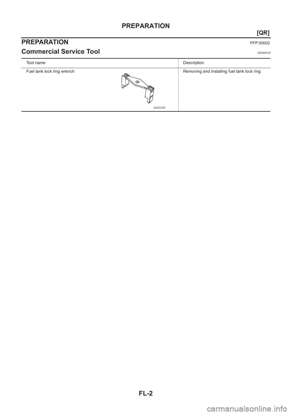 NISSAN X-TRAIL 2001  Service Repair Manual FL-2
[QR]
PREPARATION
[QR]PREPARATIONPFP:00002
Commercial Service ToolEBS00KOR
Tool nameDescription
Fuel tank lock ring wrench Removing and installing fuel tank lock ring
ZZA0122D 