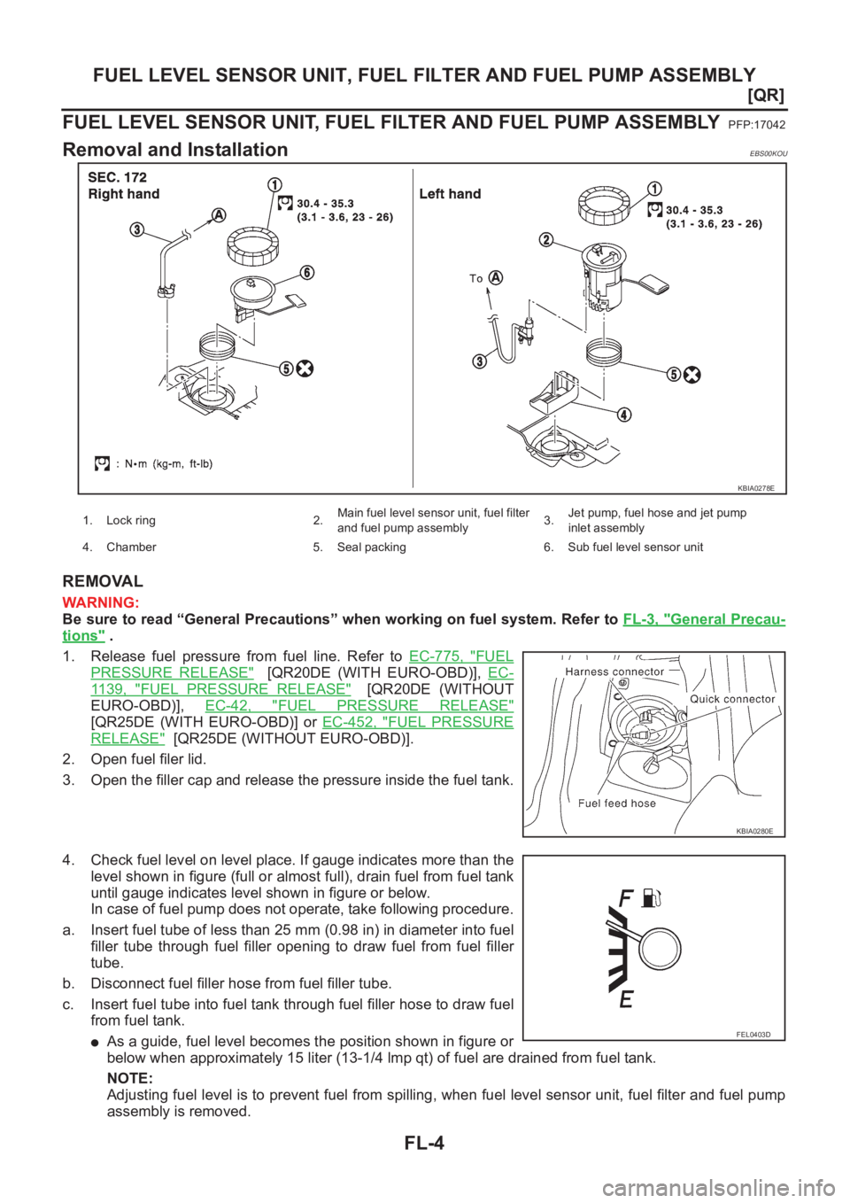 NISSAN X-TRAIL 2001  Service Repair Manual FL-4
[QR]
FUEL LEVEL SENSOR UNIT, FUEL FILTER AND FUEL PUMP ASSEMBLY
FUEL LEVEL SENSOR UNIT, FUEL FILTER AND FUEL PUMP ASSEMBLY
PFP:17042
Removal and InstallationEBS00KOU
REMOVAL
WARNING:
Be sure to r