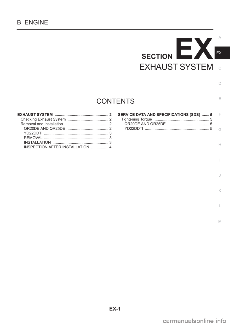 NISSAN X-TRAIL 2001  Service Repair Manual EX-1
EXHAUST SYSTEM
B  ENGINE
CONTENTS
C
D
E
F
G
H
I
J
K
L
M
SECTION
A
EX
EXHAUST SYSTEM
EXHAUST SYSTEM  ................................................... 2
Checking Exhaust System  ................