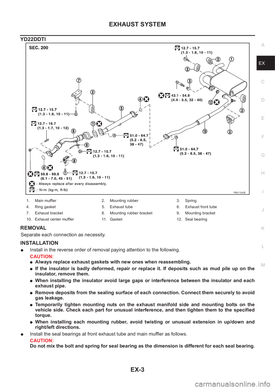 NISSAN X-TRAIL 2001 Service Repair Manual EXHAUST SYSTEM
EX-3
C
D
E
F
G
H
I
J
K
L
MA
EX
YD22DDTI
REMOVAL
Separate each connection as necessity.
INSTALLATION
●Install in the reverse order of removal paying attention to the following.
CAUTION NISSAN X-TRAIL 2001 Service Repair Manual EXHAUST SYSTEM
EX-3
C
D
E
F
G
H
I
J
K
L
MA
EX
YD22DDTI
REMOVAL
Separate each connection as necessity.
INSTALLATION
●Install in the reverse order of removal paying attention to the following.
CAUTION