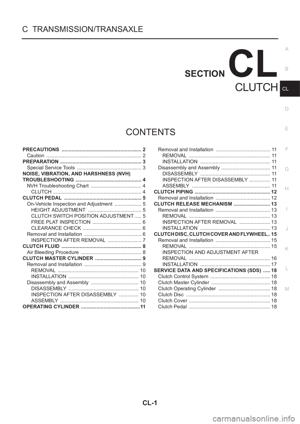 NISSAN X-TRAIL 2001 Service Repair Manual CL-1
CLUTCH
C TRANSMISSION/TRANSAXLE
CONTENTS
D
E
F
G
H
I
J
K
L
M
SECTION
A
B
CL
CLUTCH
PRECAUTIONS .......................................................... 2
Caution ............................ NISSAN X-TRAIL 2001 Service Repair Manual CL-1
CLUTCH
C TRANSMISSION/TRANSAXLE
CONTENTS
D
E
F
G
H
I
J
K
L
M
SECTION
A
B
CL
CLUTCH
PRECAUTIONS .......................................................... 2
Caution ............................