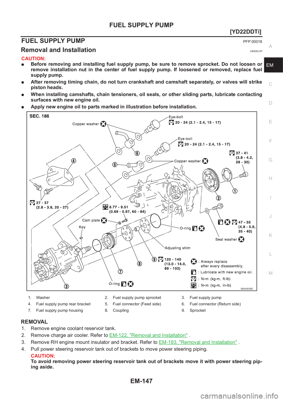 NISSAN X-TRAIL 2001  Service Repair Manual FUEL SUPPLY PUMP
EM-147
[YD22DDTi]
C
D
E
F
G
H
I
J
K
L
MA
EM
FUEL SUPPLY PUMPPFP:00018
Removal and InstallationEBS00LRP
CAUTION:
●Before  removing  and  installing  fuel  supply  pump,  be  sure  to