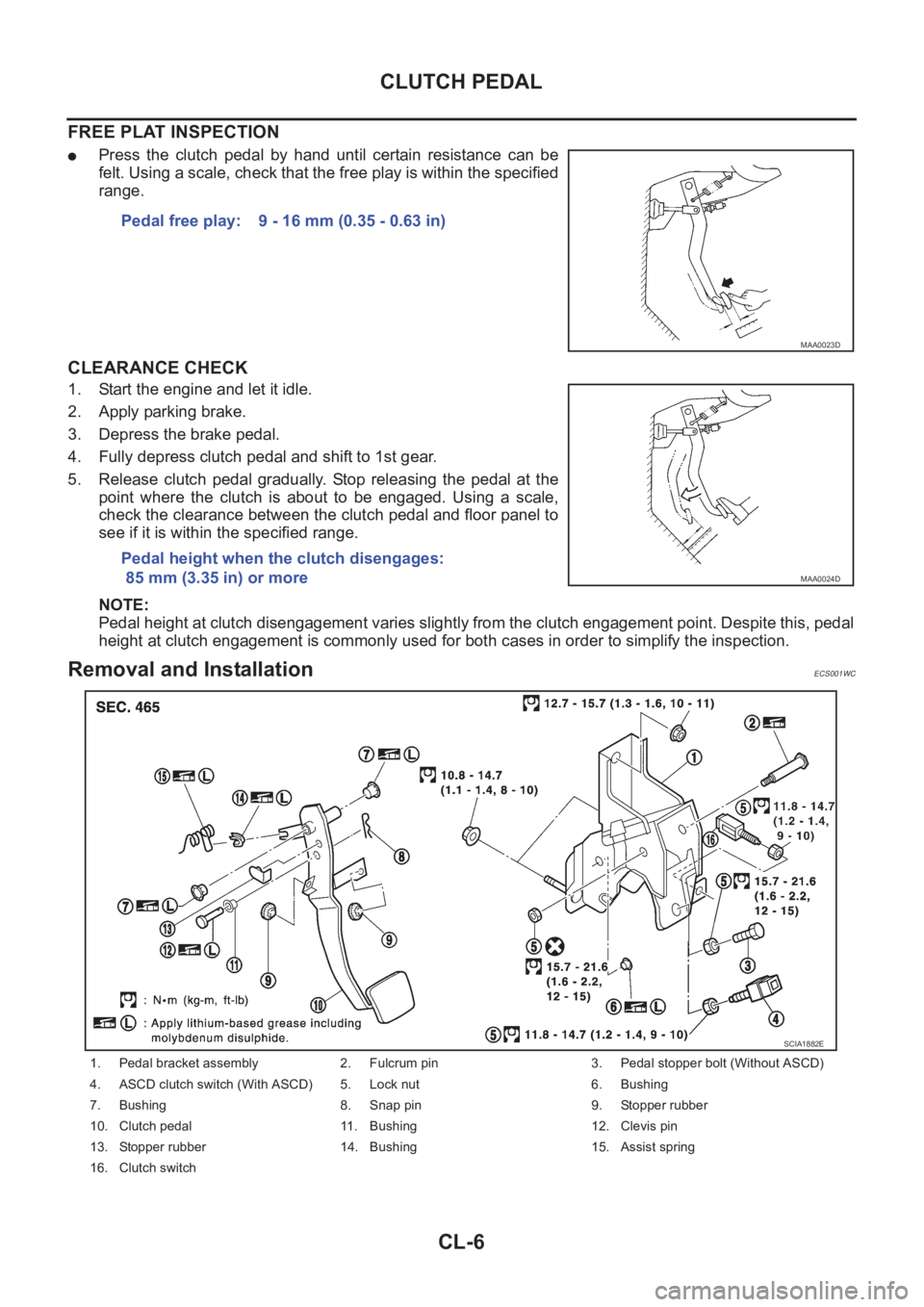 NISSAN X-TRAIL 2001  Service Repair Manual CL-6
CLUTCH PEDAL
FREE PLAT INSPECTION
●Press  the  clutch  pedal  by  hand  until  certain  resistance  can  be
felt. Using a scale, check that the free play is within the specified
range.
CLEARANC
