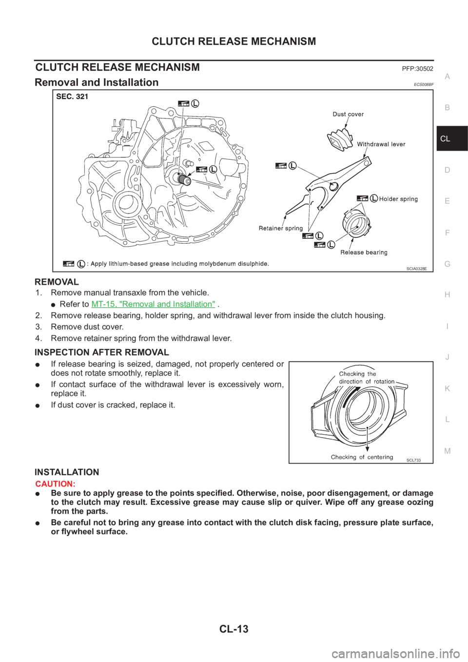NISSAN X-TRAIL 2001  Service Repair Manual CLUTCH RELEASE MECHANISM
CL-13
D
E
F
G
H
I
J
K
L
MA
B
CL
CLUTCH RELEASE MECHANISMPFP:30502
Removal and InstallationECS008BF
REMOVAL
1. Remove manual transaxle from the vehicle.
●Refer to MT-15, "