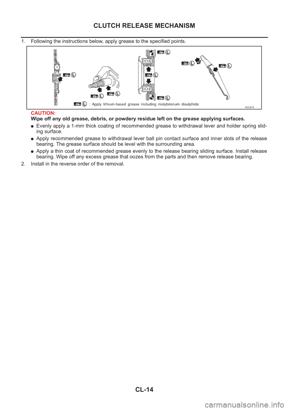 NISSAN X-TRAIL 2001  Service Repair Manual CL-14
CLUTCH RELEASE MECHANISM
1. Following the instructions below, apply grease to the specified points.
CAUTION:
Wipe off any old grease, debris, or powdery residue left on the grease applying surfa