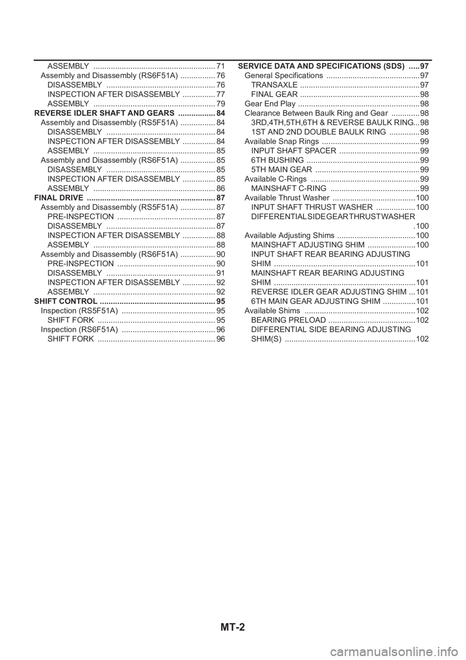 NISSAN X-TRAIL 2001  Service Repair Manual MT-2
ASSEMBLY  ......................................................... 71
Assembly and Disassembly (RS6F51A)  ................. 76
DISASSEMBLY  ................................................... 76
