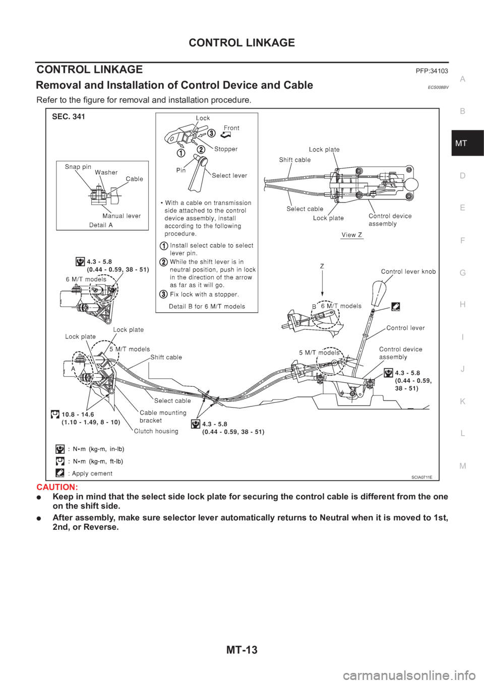 NISSAN X-TRAIL 2001  Service Repair Manual CONTROL LINKAGE
MT-13
D
E
F
G
H
I
J
K
L
MA
B
MT
CONTROL LINKAGEPFP:34103
Removal and Installation of Control Device and CableECS008BV
Refer to the figure for removal and installation procedure.
CAUTIO
