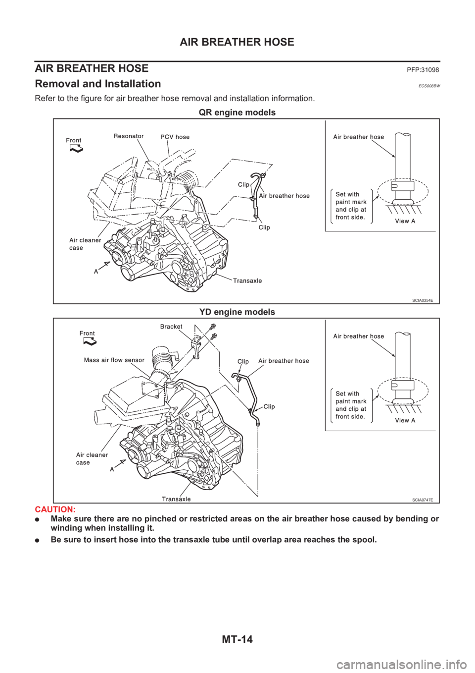 NISSAN X-TRAIL 2001  Service Repair Manual MT-14
AIR BREATHER HOSE
AIR BREATHER HOSE
PFP:31098
Removal and InstallationECS008BW
Refer to the figure for air breather hose removal and installation information.
QR engine models
YD engine models
C
