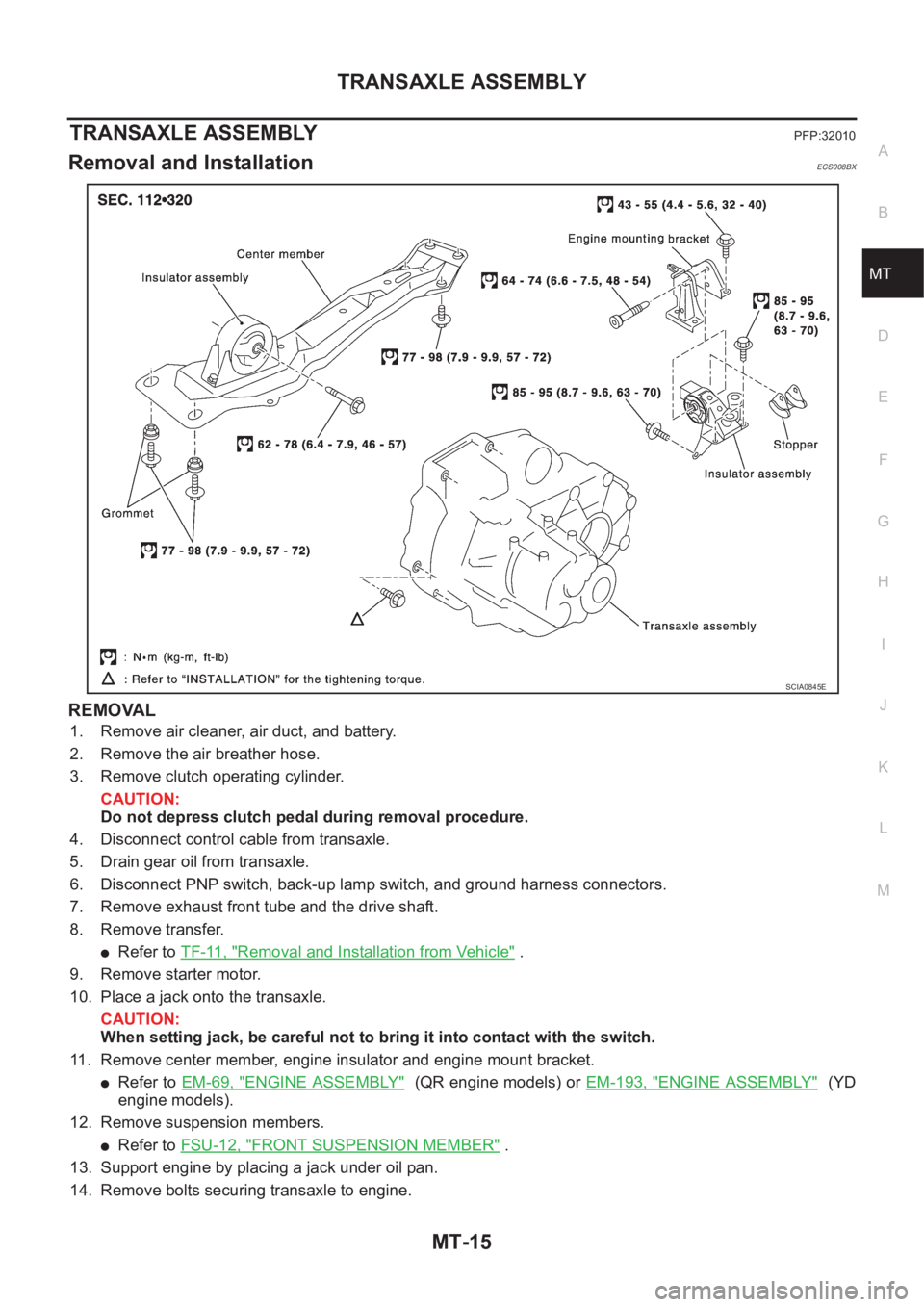NISSAN X-TRAIL 2001  Service Repair Manual TRANSAXLE ASSEMBLY
MT-15
D
E
F
G
H
I
J
K
L
MA
B
MT
TRANSAXLE ASSEMBLYPFP:32010
Removal and InstallationECS008BX
REMOVAL
1. Remove air cleaner, air duct, and battery.
2. Remove the air breather hose.
3