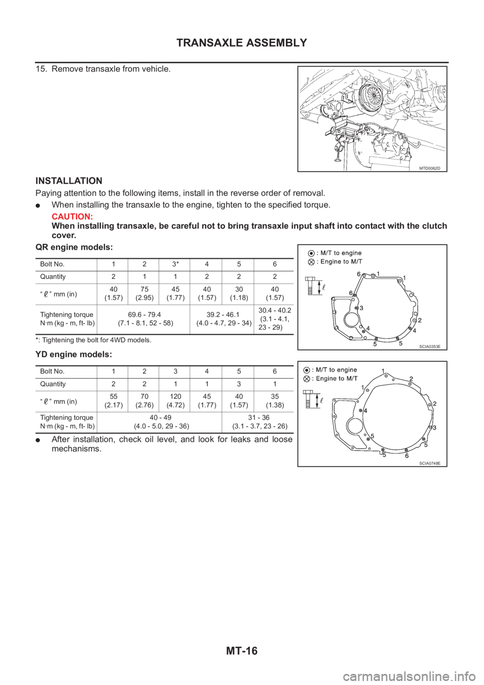 NISSAN X-TRAIL 2001  Service Repair Manual MT-16
TRANSAXLE ASSEMBLY
15. Remove transaxle from vehicle.
INSTALLATION
Paying attention to the following items, install in the reverse order of removal.
●When installing the transaxle to the engin