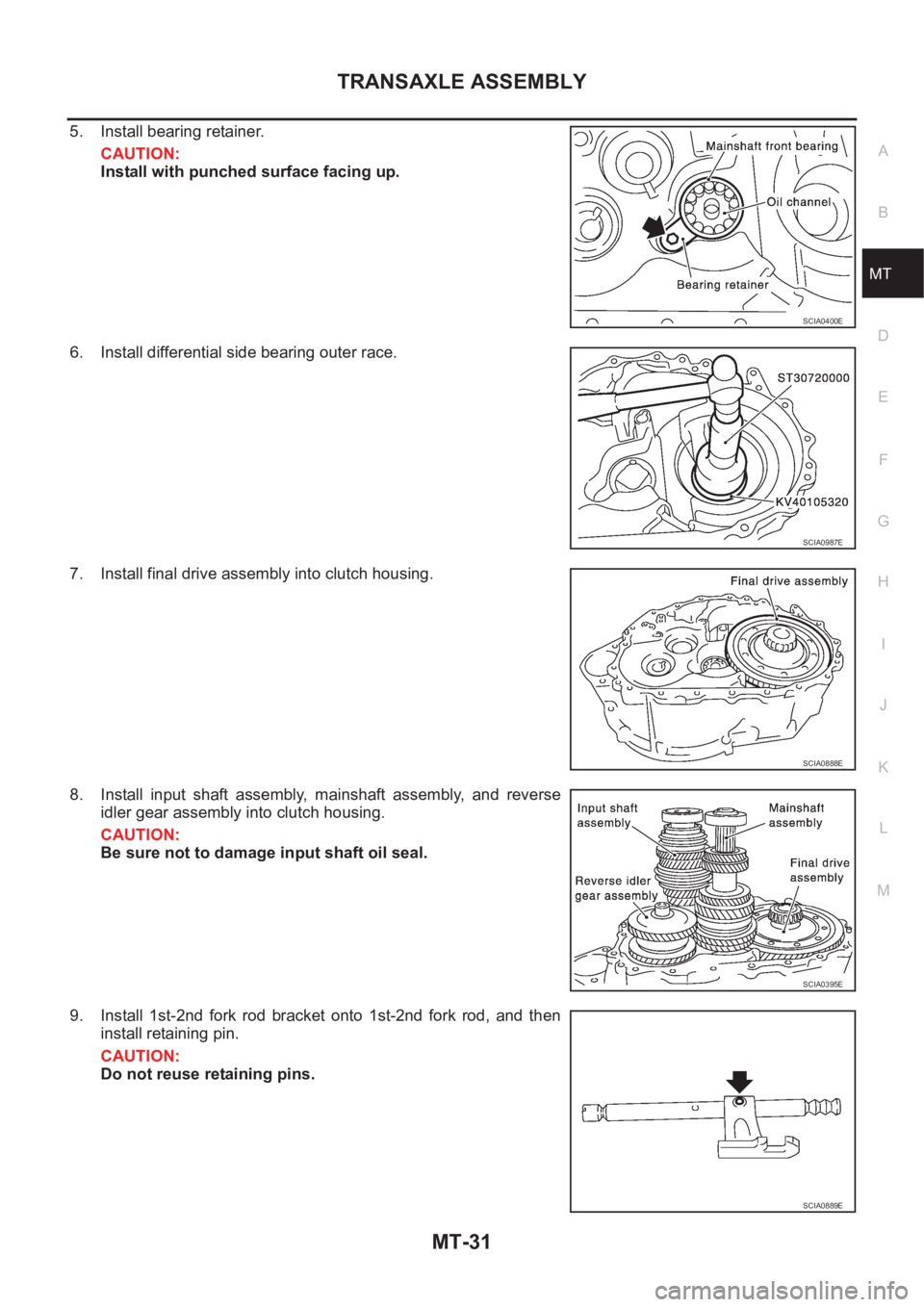NISSAN X-TRAIL 2001 Service Repair Manual TRANSAXLE ASSEMBLY
MT-31
D
E
F
G
H
I
J
K
L
MA
B
MT
5. Install bearing retainer.
CAUTION:
Install with punched surface facing up.
6. Install differential side bearing outer race.
7. Install final drive NISSAN X-TRAIL 2001 Service Repair Manual TRANSAXLE ASSEMBLY
MT-31
D
E
F
G
H
I
J
K
L
MA
B
MT
5. Install bearing retainer.
CAUTION:
Install with punched surface facing up.
6. Install differential side bearing outer race.
7. Install final drive