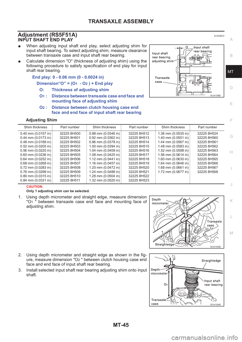 NISSAN X-TRAIL 2001 Service Repair Manual TRANSAXLE ASSEMBLY
MT-45
D
E
F
G
H
I
J
K
L
MA
B
MT
Adjustment (RS5F51A)ECS008C2
INPUT SHAFT END PLAY
●When adjusting input shaft end play, select adjusting shim for
input shaft bearing. To NISSAN X-TRAIL 2001 Service Repair Manual TRANSAXLE ASSEMBLY
MT-45
D
E
F
G
H
I
J
K
L
MA
B
MT
Adjustment (RS5F51A)ECS008C2
INPUT SHAFT END PLAY
●When adjusting input shaft end play, select adjusting shim for
input shaft bearing. To