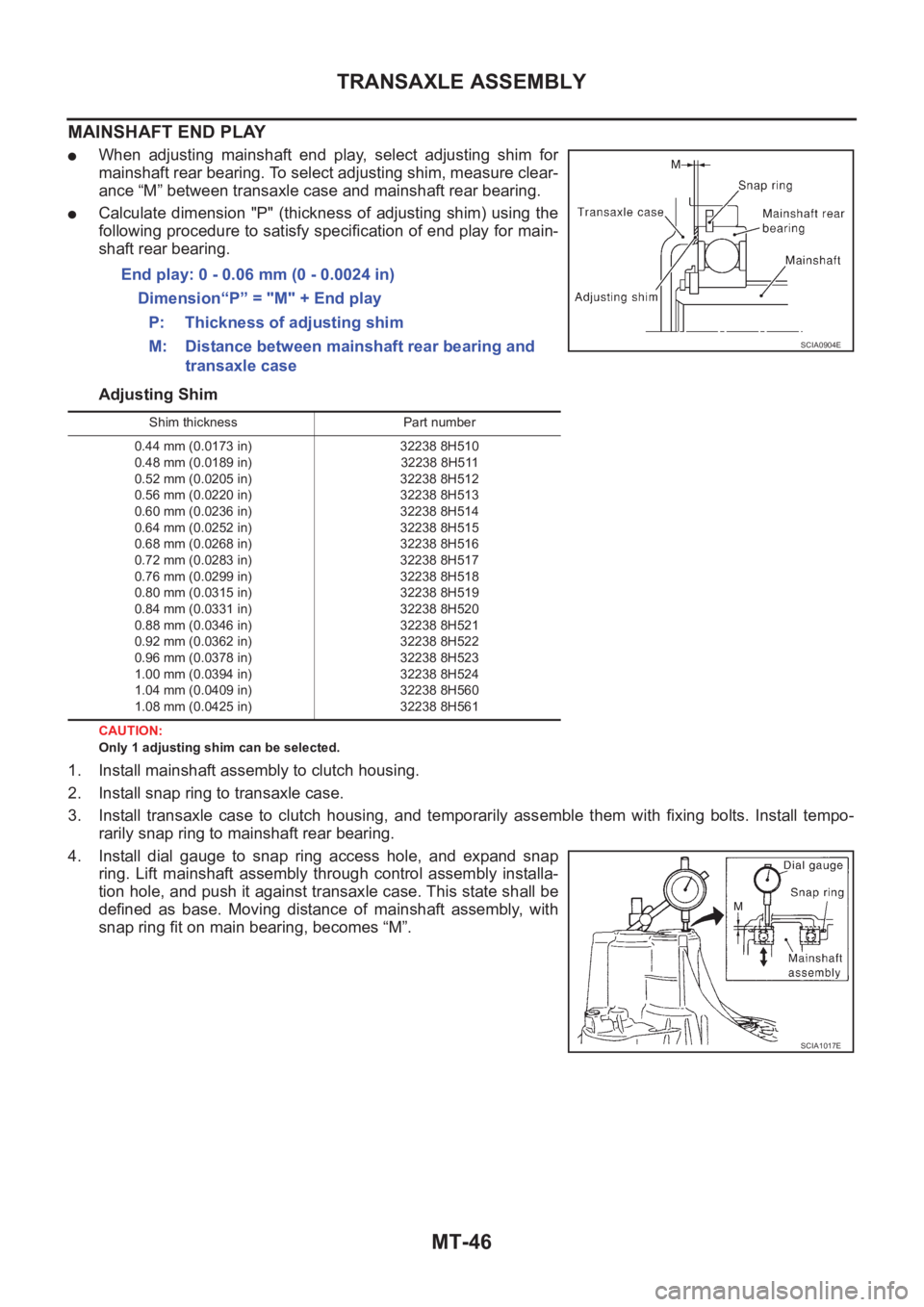 NISSAN X-TRAIL 2001 Service Repair Manual MT-46
TRANSAXLE ASSEMBLY
MAINSHAFT END PLAY
●When adjusting mainshaft end play, select adjusting shim for
mainshaft rear bearing. To select adjusting shim, measure clear-
ance “M” betwee NISSAN X-TRAIL 2001 Service Repair Manual MT-46
TRANSAXLE ASSEMBLY
MAINSHAFT END PLAY
●When adjusting mainshaft end play, select adjusting shim for
mainshaft rear bearing. To select adjusting shim, measure clear-
ance “M” betwee