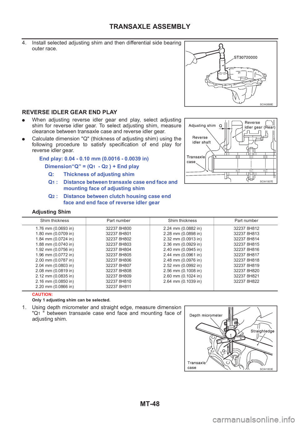 NISSAN X-TRAIL 2001 Service Repair Manual MT-48
TRANSAXLE ASSEMBLY
4. Install selected adjusting shim and then differential side bearing
outer race.
REVERSE IDLER GEAR END PLAY
●When adjusting reverse idler gear end play, select adj NISSAN X-TRAIL 2001 Service Repair Manual MT-48
TRANSAXLE ASSEMBLY
4. Install selected adjusting shim and then differential side bearing
outer race.
REVERSE IDLER GEAR END PLAY
●When adjusting reverse idler gear end play, select adj