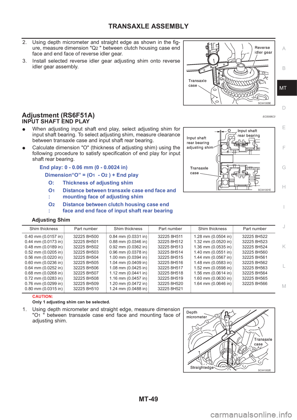 NISSAN X-TRAIL 2001 Service Repair Manual TRANSAXLE ASSEMBLY
MT-49
D
E
F
G
H
I
J
K
L
MA
B
MT
2. Using depth micrometer and straight edge as shown in the fig-
ure, measure dimension "Q
2 " between clutch housing case end
face NISSAN X-TRAIL 2001 Service Repair Manual TRANSAXLE ASSEMBLY
MT-49
D
E
F
G
H
I
J
K
L
MA
B
MT
2. Using depth micrometer and straight edge as shown in the fig-
ure, measure dimension "Q
2 " between clutch housing case end
face